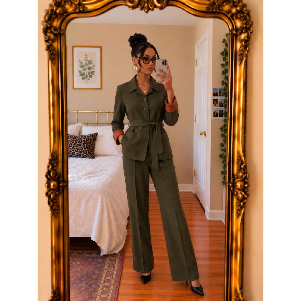 Vintage CHAUS Olive Green Belted Blazer Pant Suit 10 Career Office Tailored